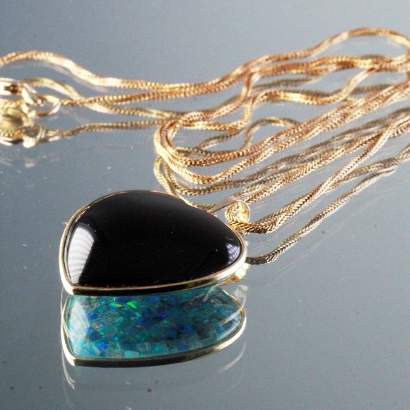 Massive 14k Gold Opal Triplet Onyx Heart Valentine Necklace - Picture 13 of 15